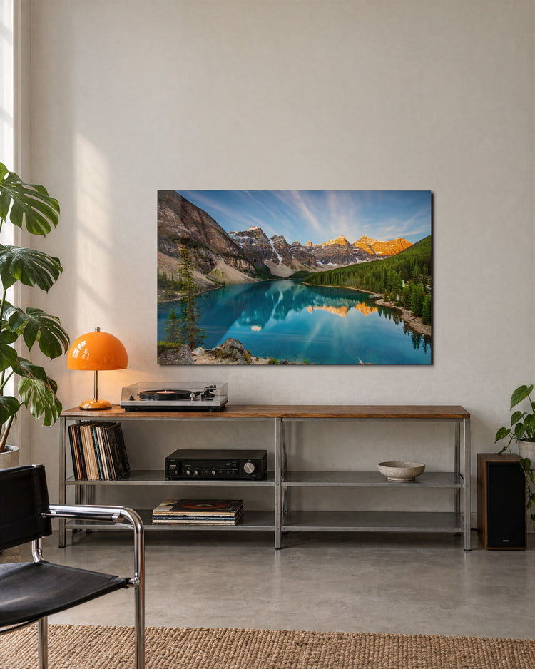 Turquoise Lake Under the Peaks glass wall art, lifestyle view