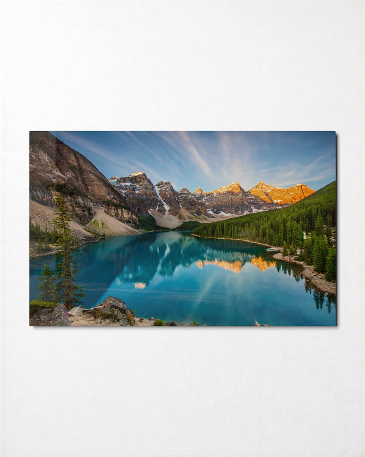 Turquoise Lake Under the Peaks glass wall art, front view
