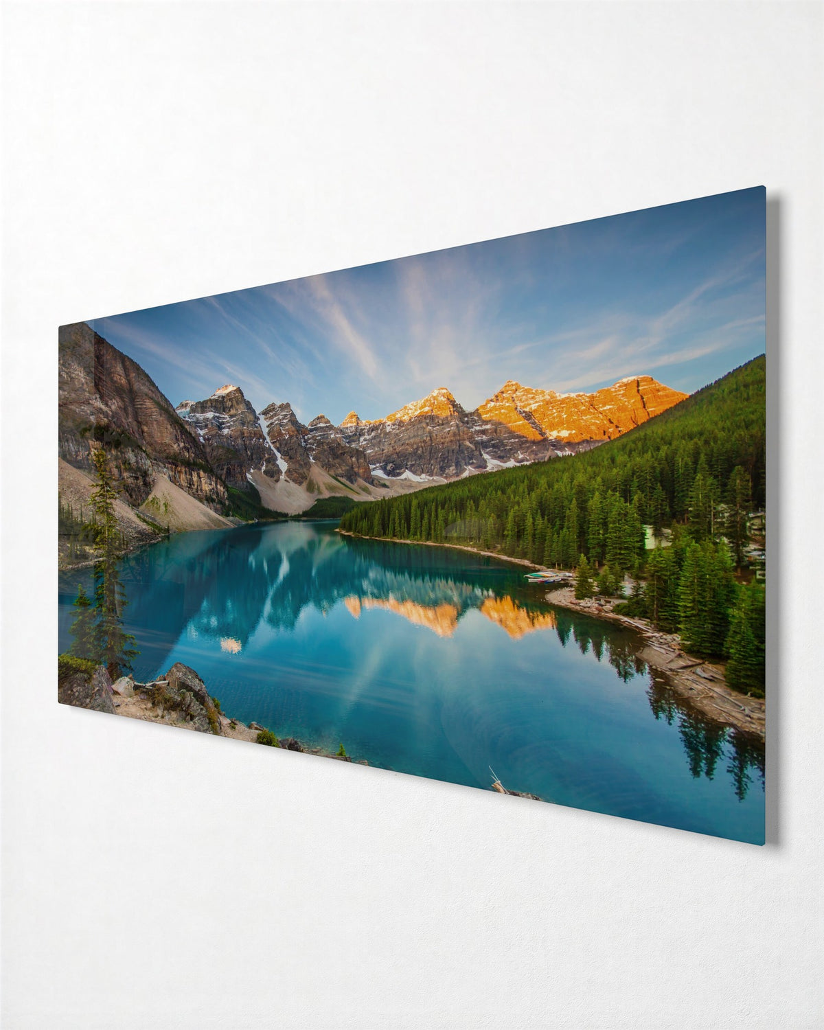 Turquoise Lake Under the Peaks glass wall art, side view