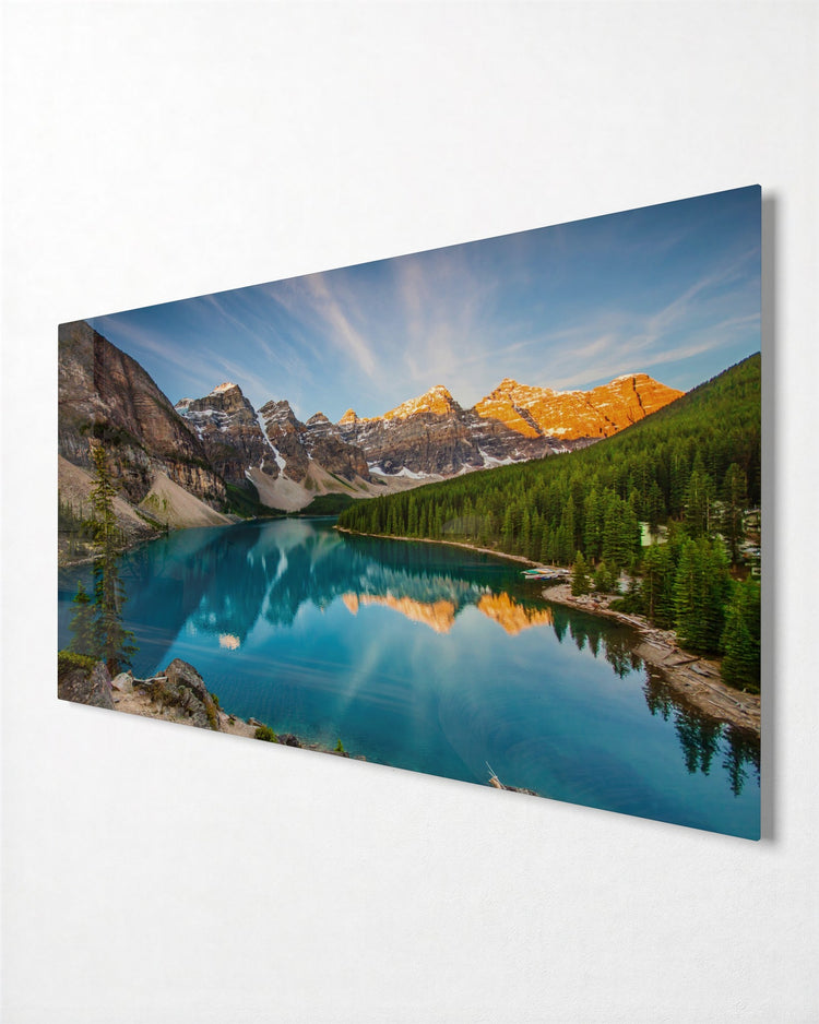 Turquoise Lake Under the Peaks glass wall art, side view