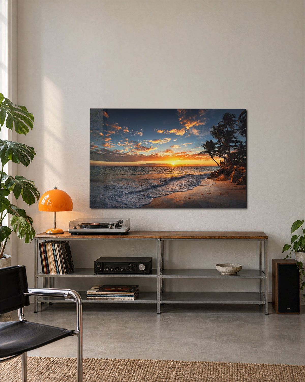 Palm Beach Sunset glass wall art, lifestyle view