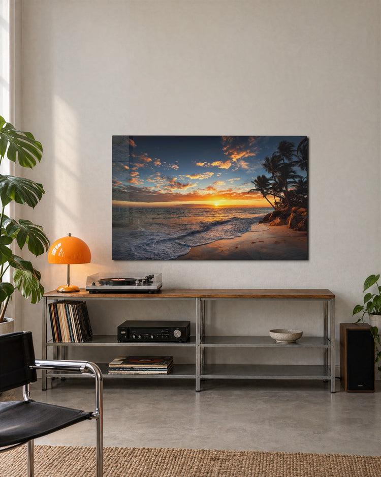 Palm Beach Sunset glass wall art, lifestyle view