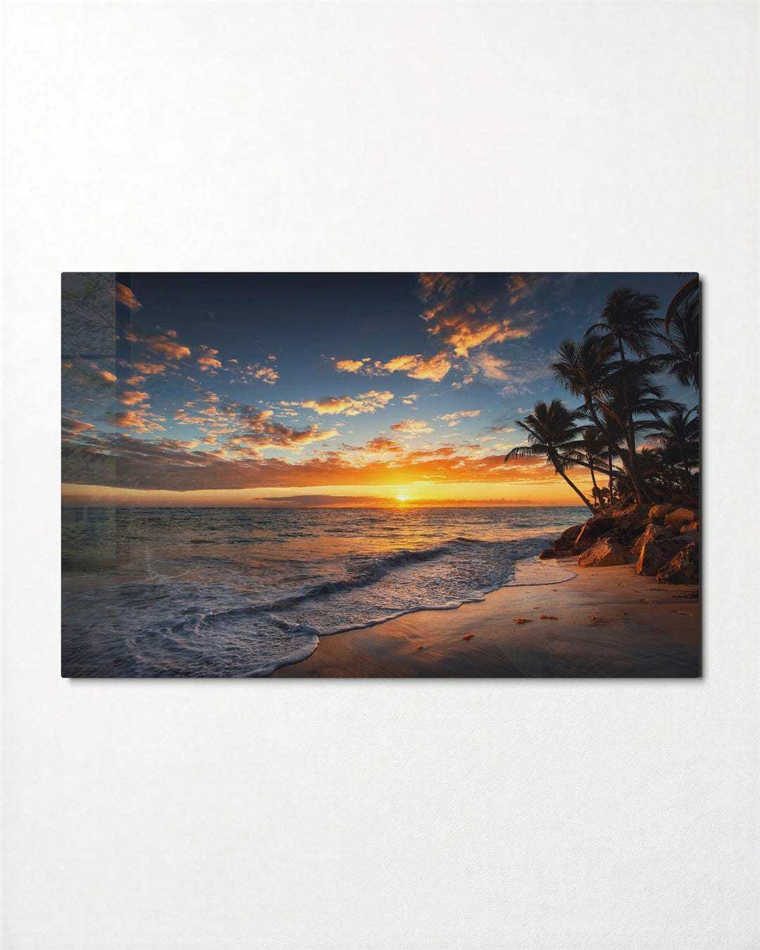 Palm Beach Sunset glass wall art, front view