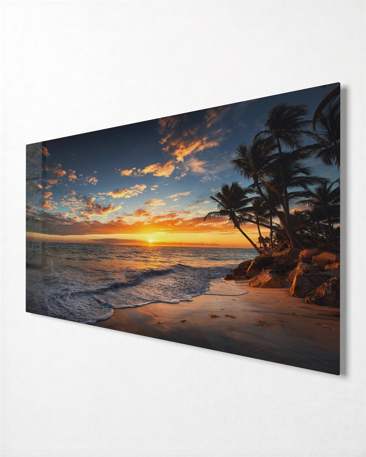 Palm Beach Sunset glass wall art, side view