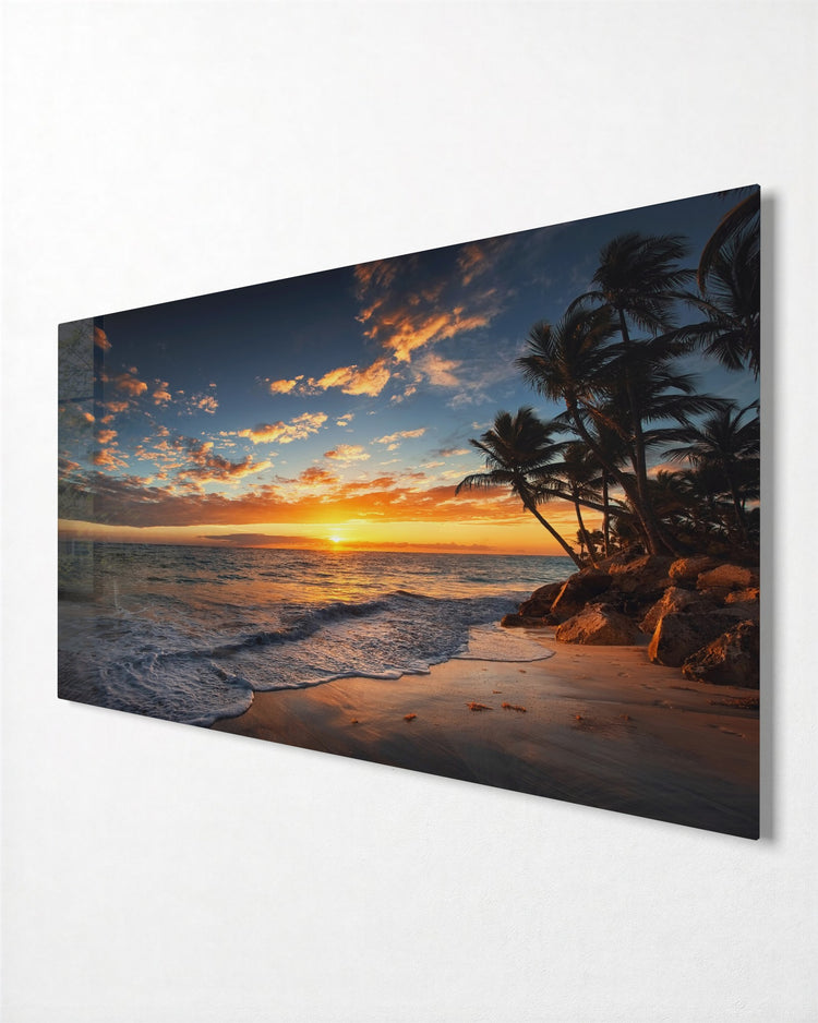 Palm Beach Sunset glass wall art, side view