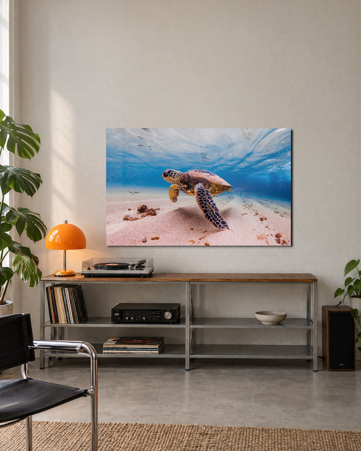 Sea Turtle in Clear Water glass wall art, lifestyle view