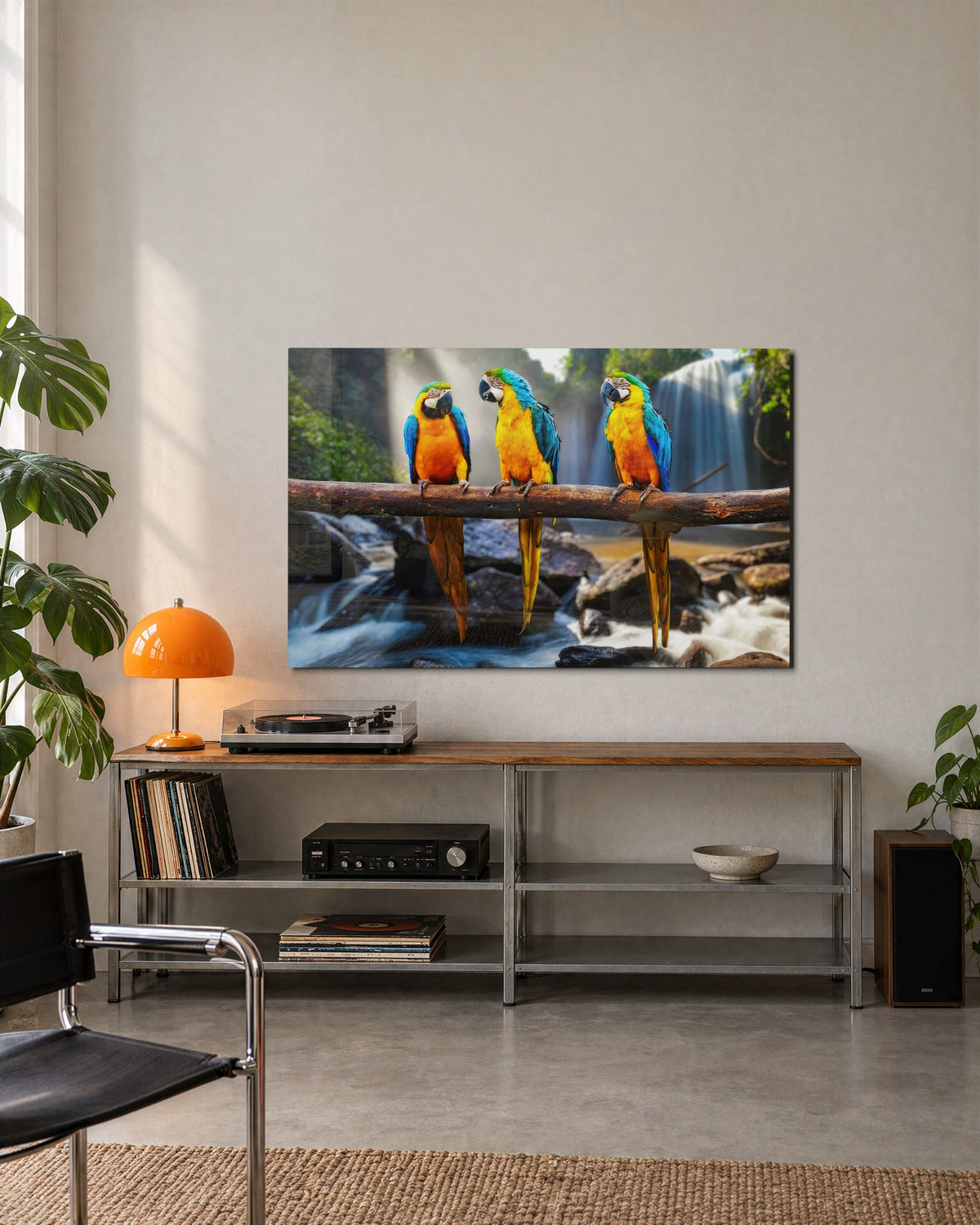 Three Macaws by the Falls glass wall art, lifestyle view