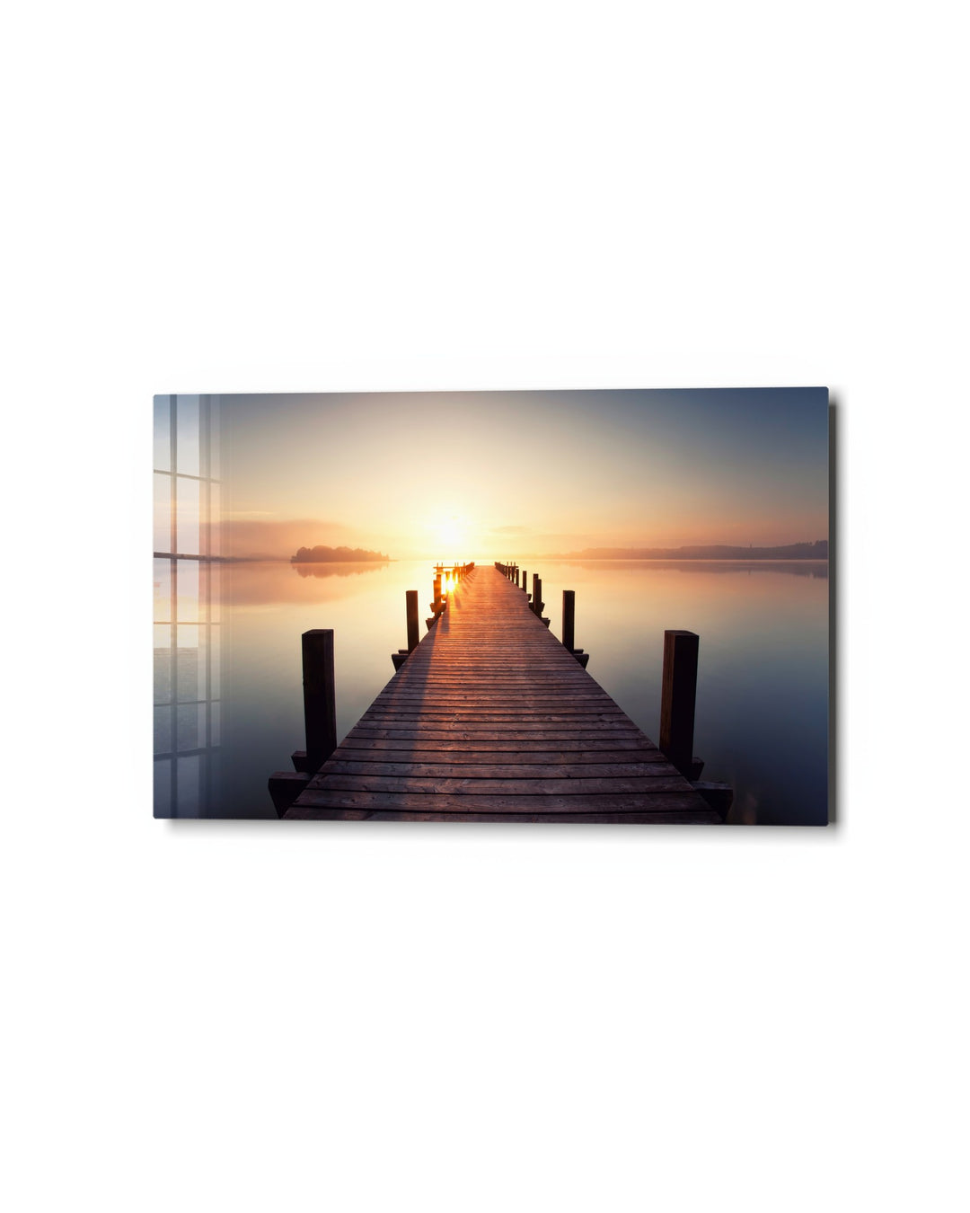Long Pier Into the Sunrise glass wall art, studio view