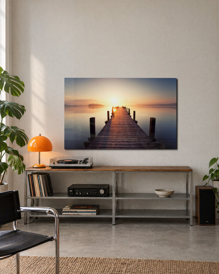Long Pier Into the Sunrise glass wall art, lifestyle view
