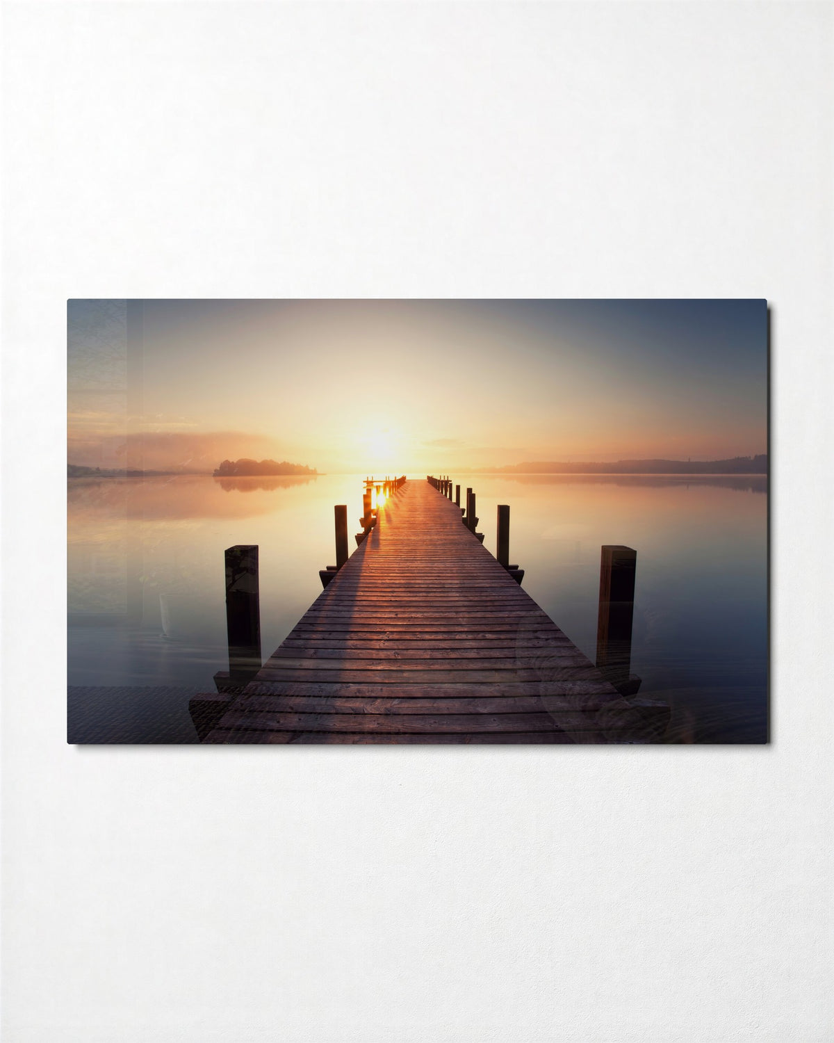 Long Pier Into the Sunrise glass wall art, front view