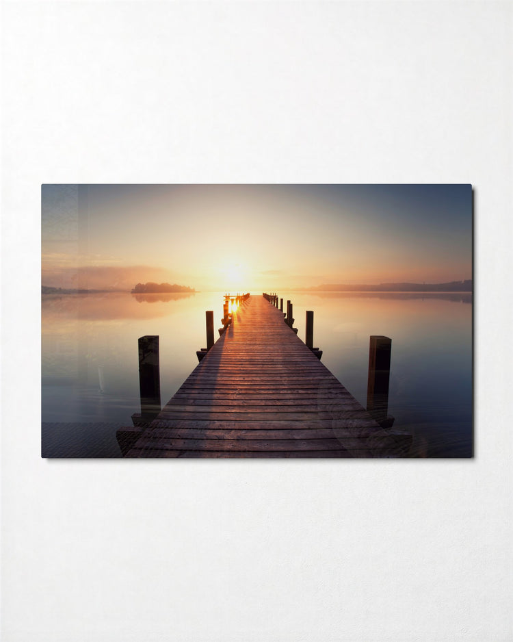 Long Pier Into the Sunrise glass wall art, front view