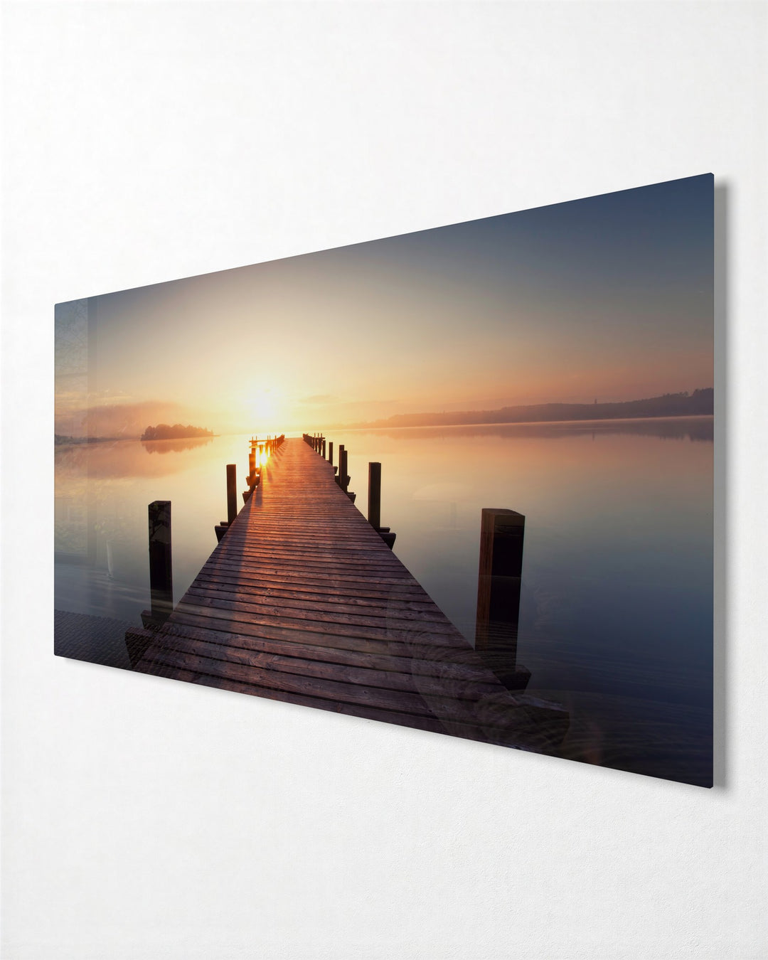 Long Pier Into the Sunrise glass wall art, side view