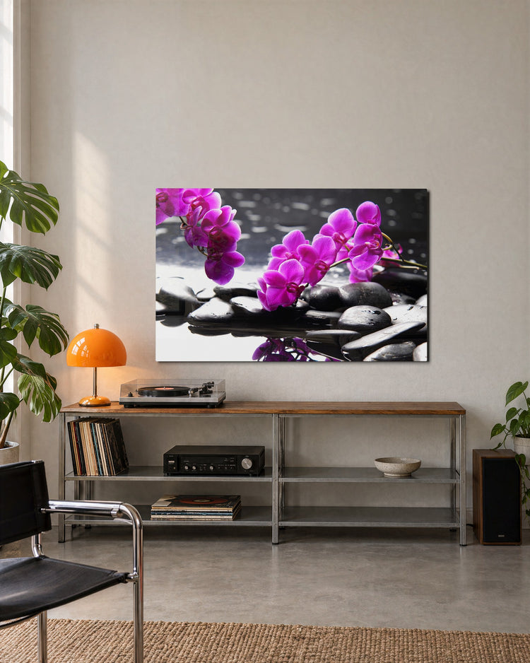 Orchids on Black Stones glass wall art, lifestyle view
