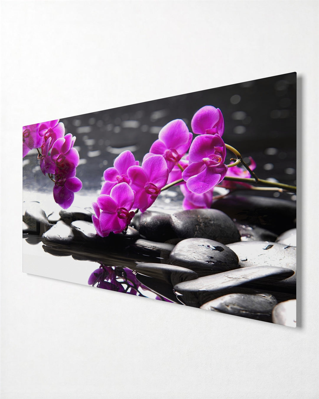 Orchids on Black Stones glass wall art, side view