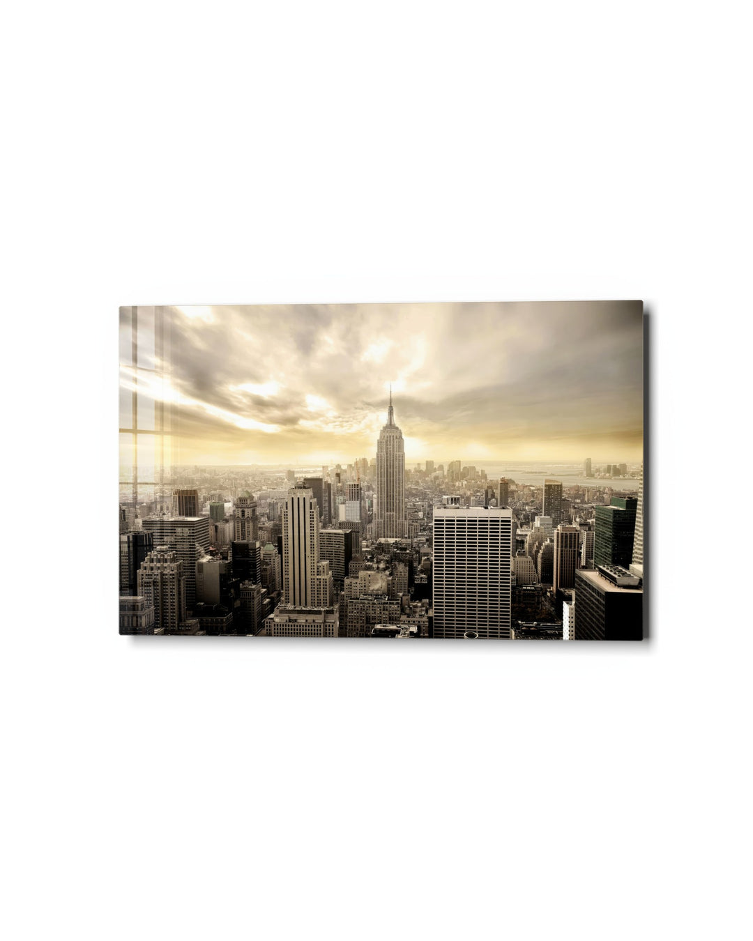 Skyline in Sepia Light glass wall art, studio view