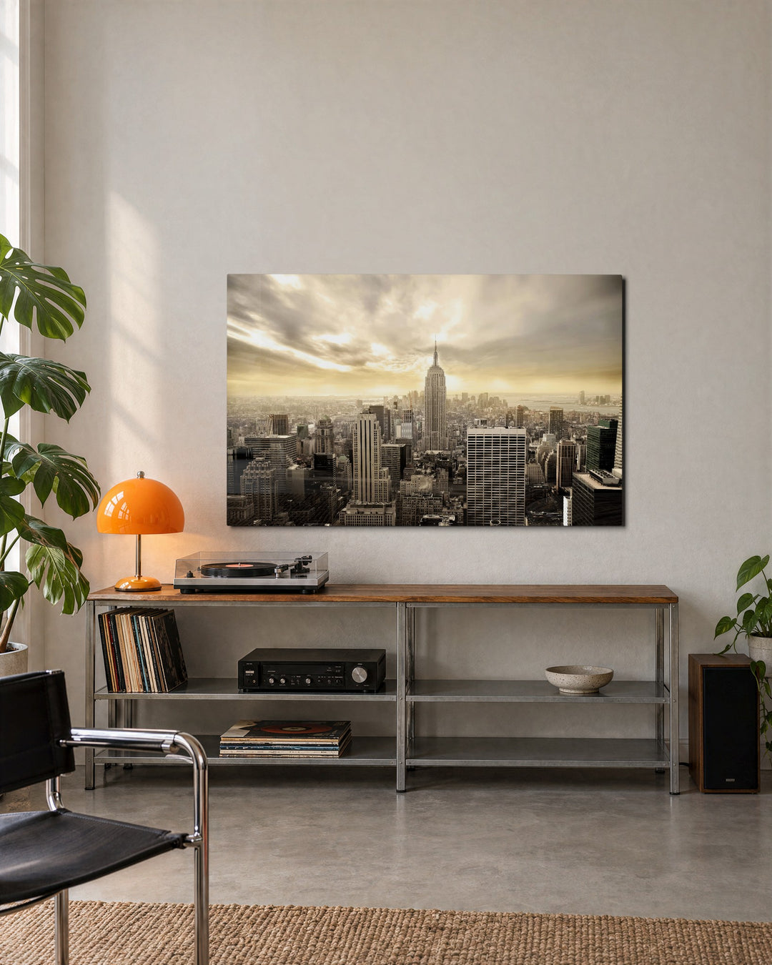 Skyline in Sepia Light glass wall art, lifestyle view