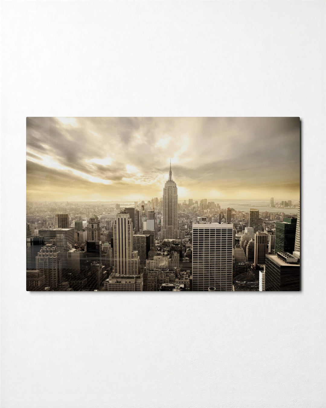 Skyline in Sepia Light glass wall art, front view