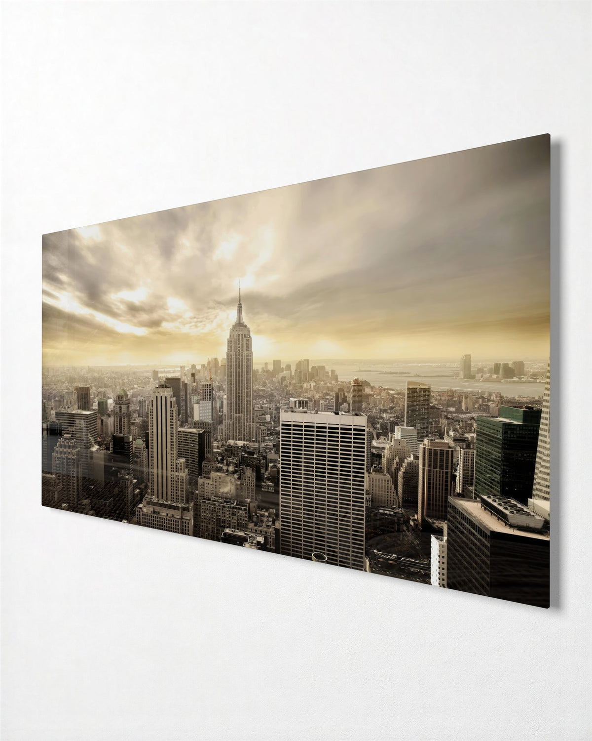 Skyline in Sepia Light glass wall art, side view