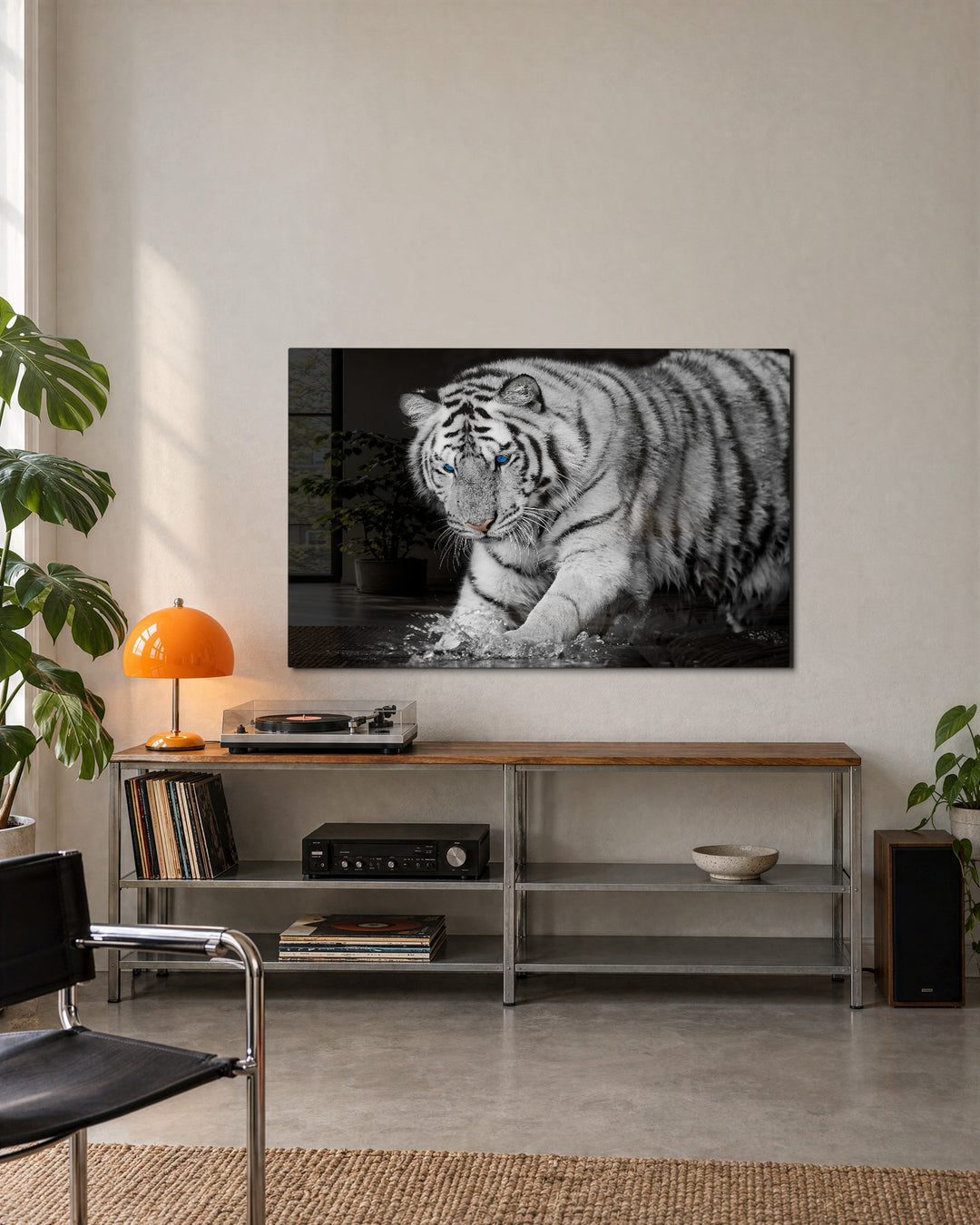 White Tiger in the Water glass wall art, lifestyle view