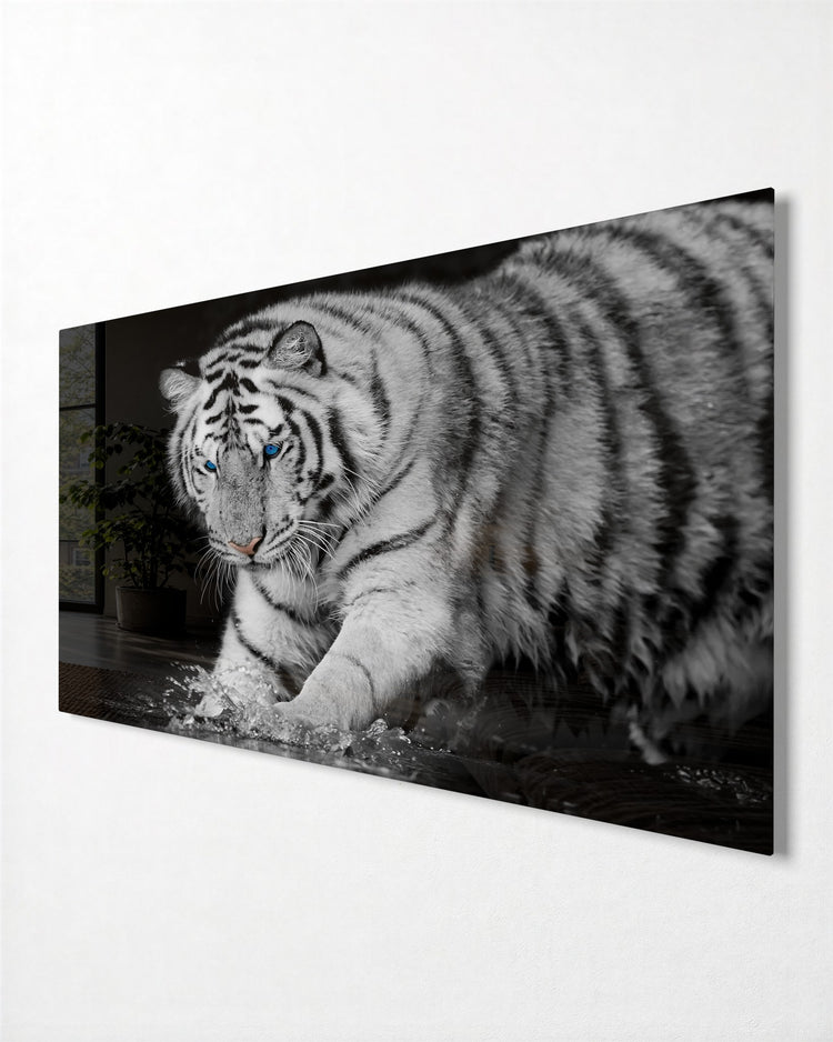 White Tiger in the Water glass wall art, side view