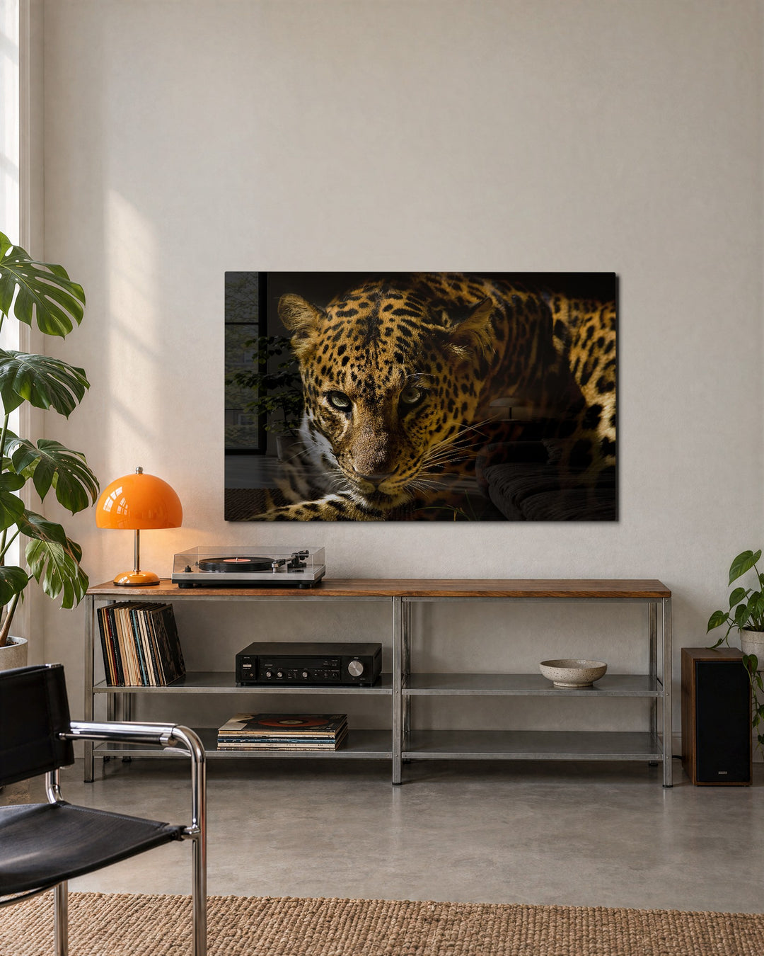 Leopard in the Shadows glass wall art, lifestyle view