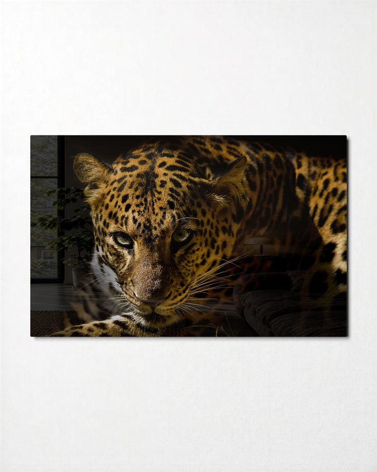 Leopard in the Shadows glass wall art, front view