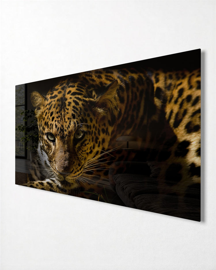 Leopard in the Shadows glass wall art, side view