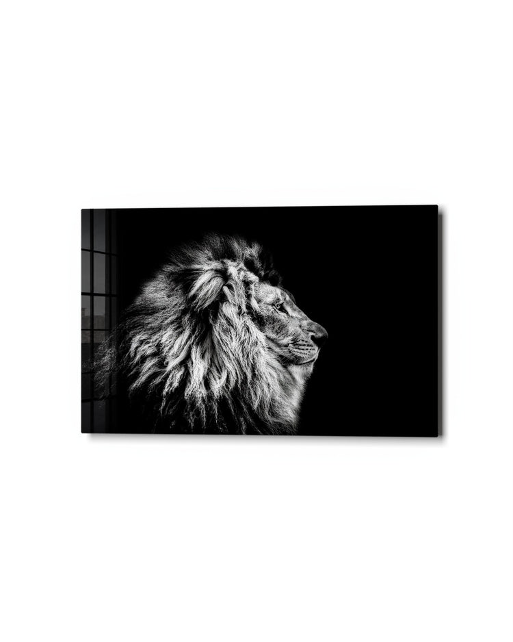 Silver Lion in Profile glass wall art, studio view