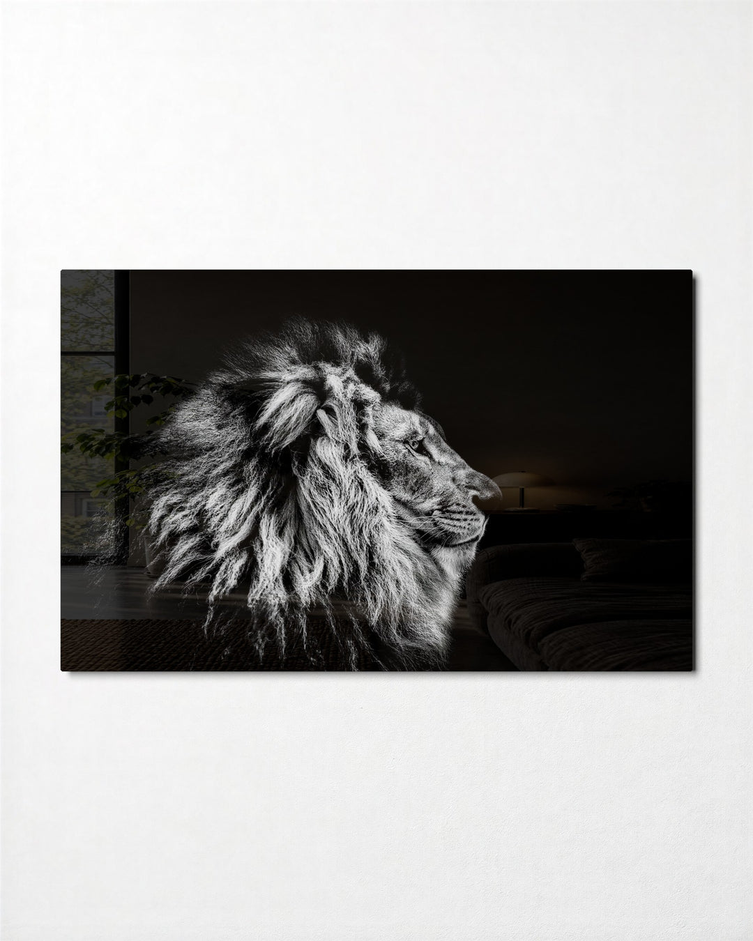Silver Lion in Profile glass wall art, front view