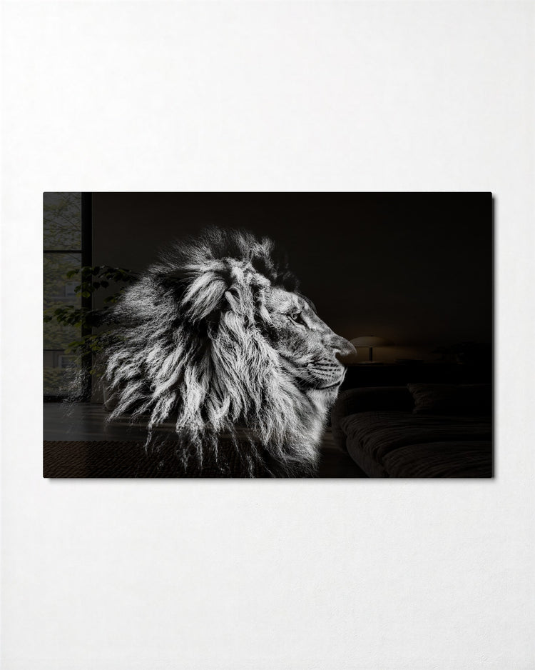 Silver Lion in Profile glass wall art, front view