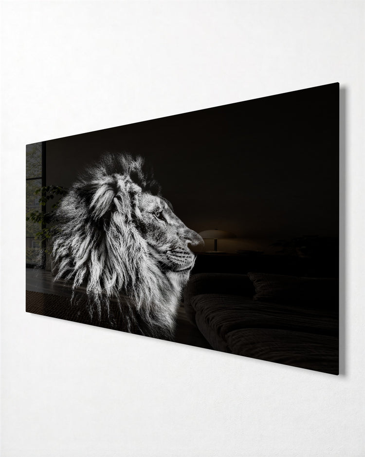 Silver Lion in Profile glass wall art, side view