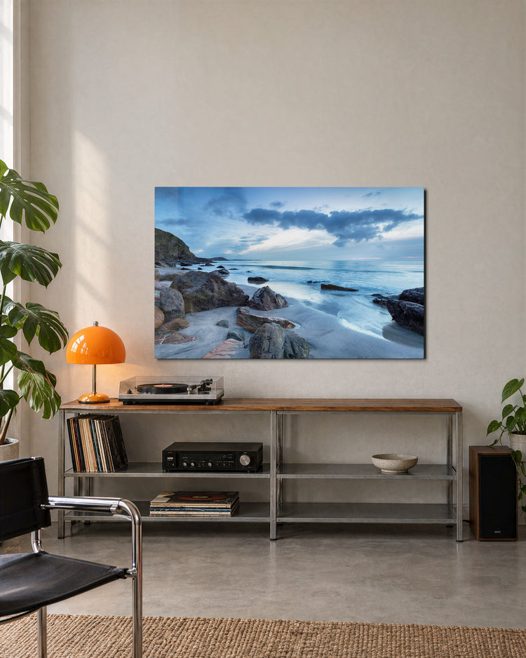 Rocky Shore, Silver Sea glass wall art, lifestyle view