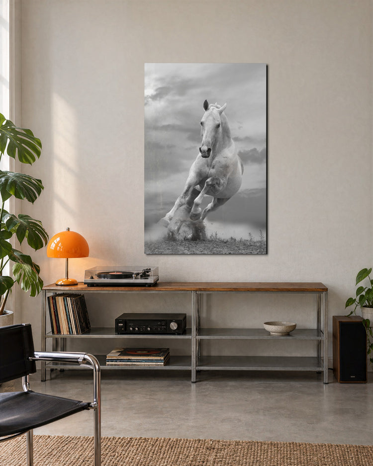 White Horse at Full Gallop glass wall art, lifestyle view
