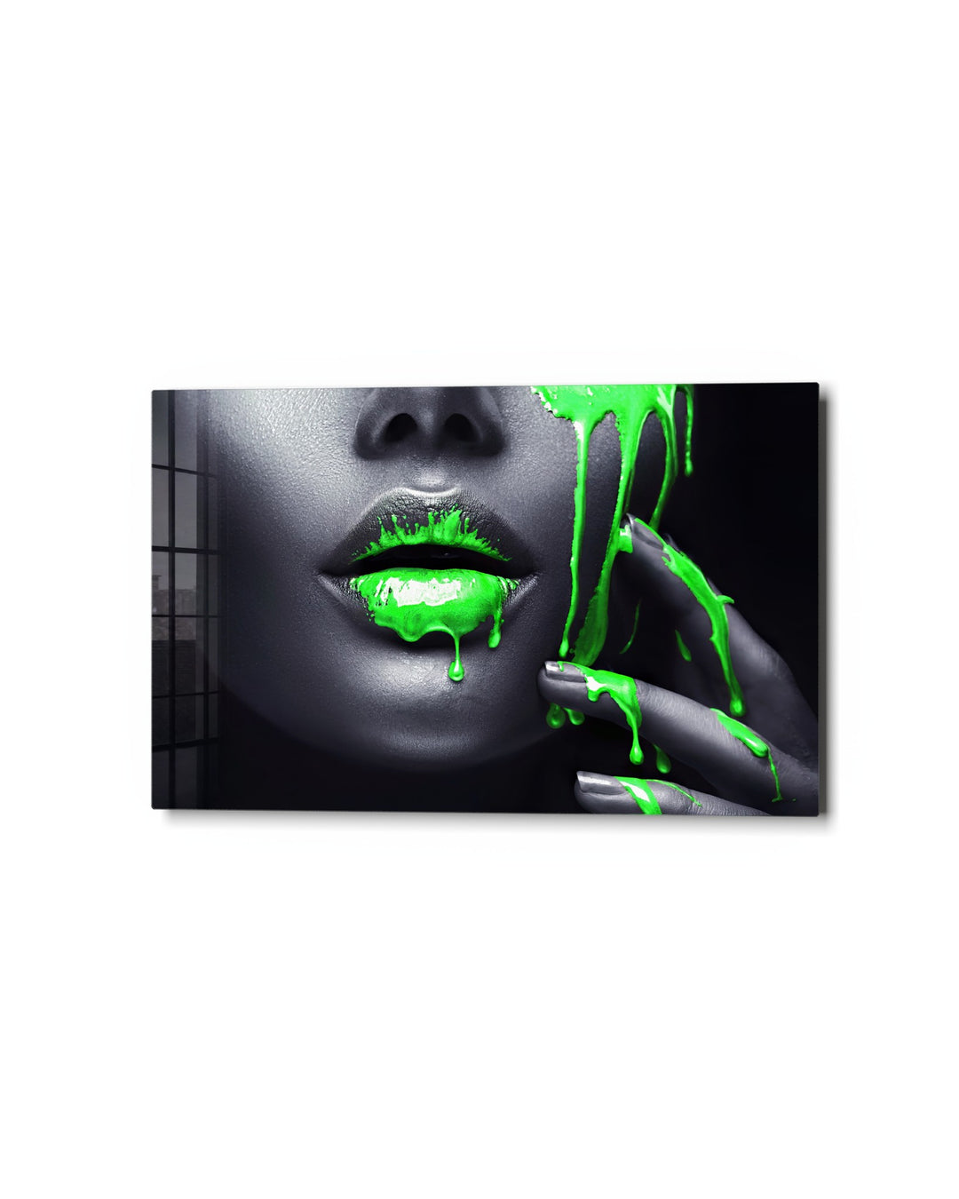 Neon Green Drip Lips glass wall art, studio view