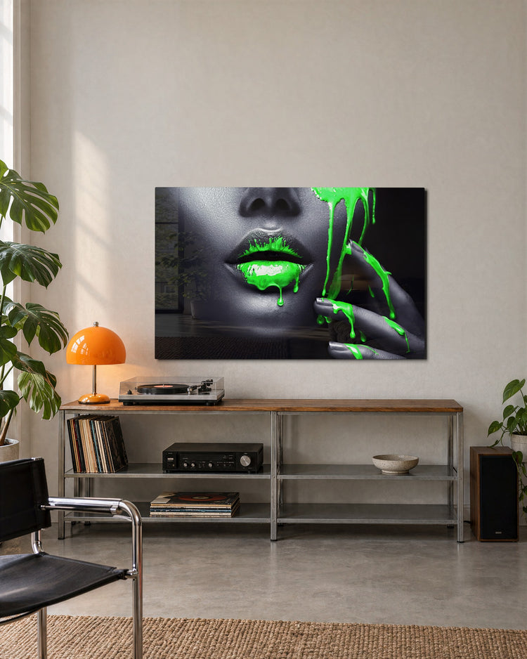 Neon Green Drip Lips glass wall art, lifestyle view