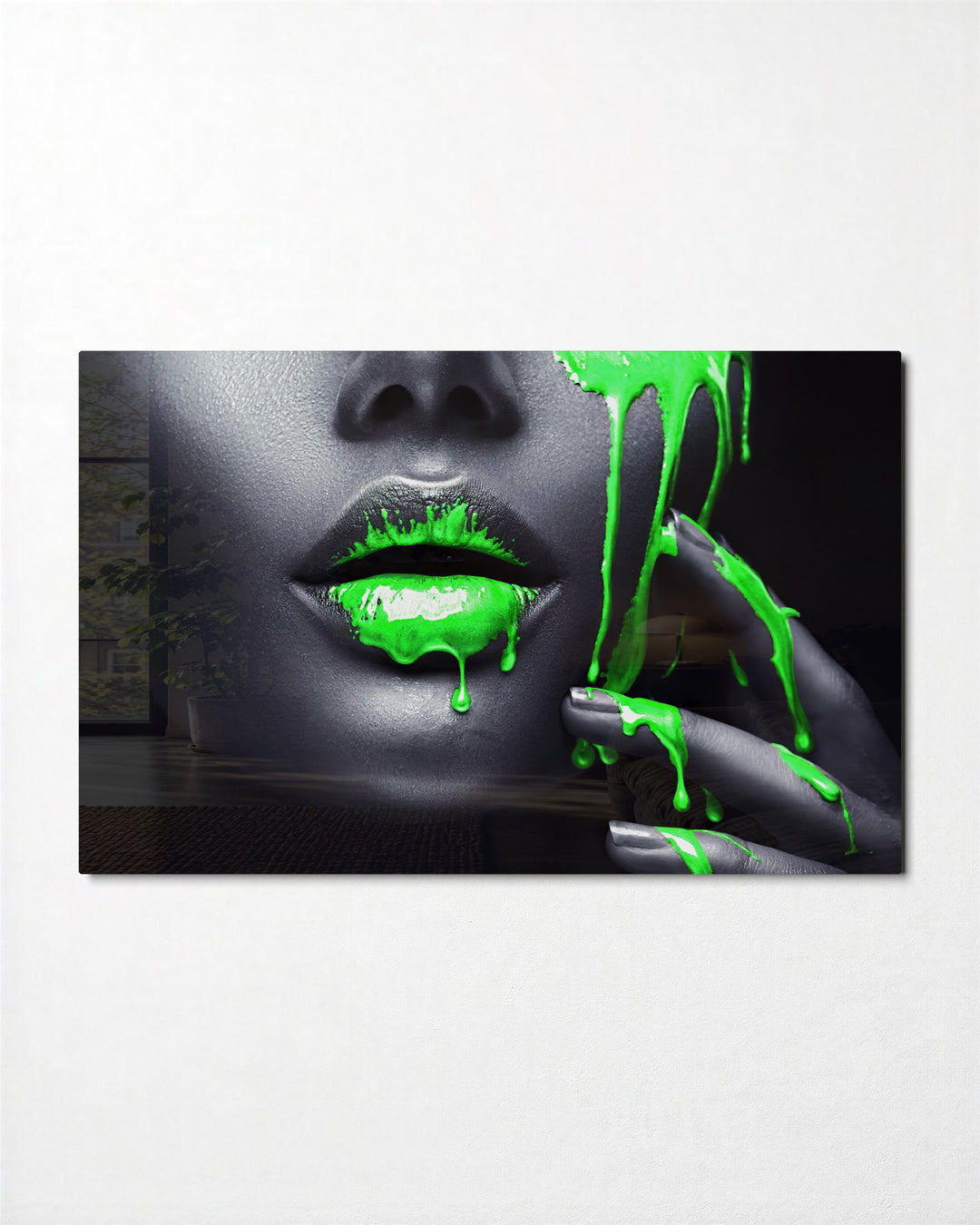 Neon Green Drip Lips glass wall art, front view