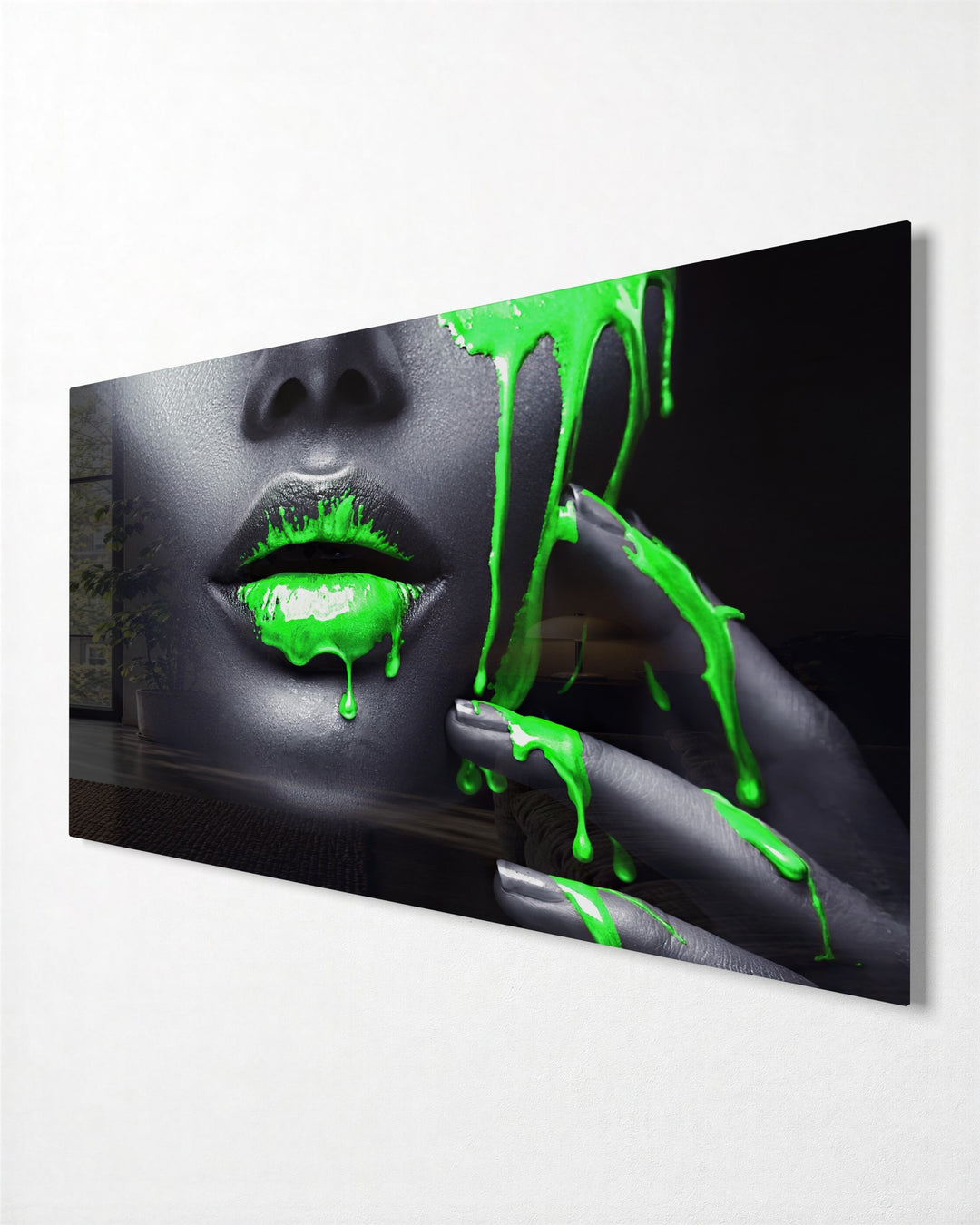 Neon Green Drip Lips glass wall art, side view