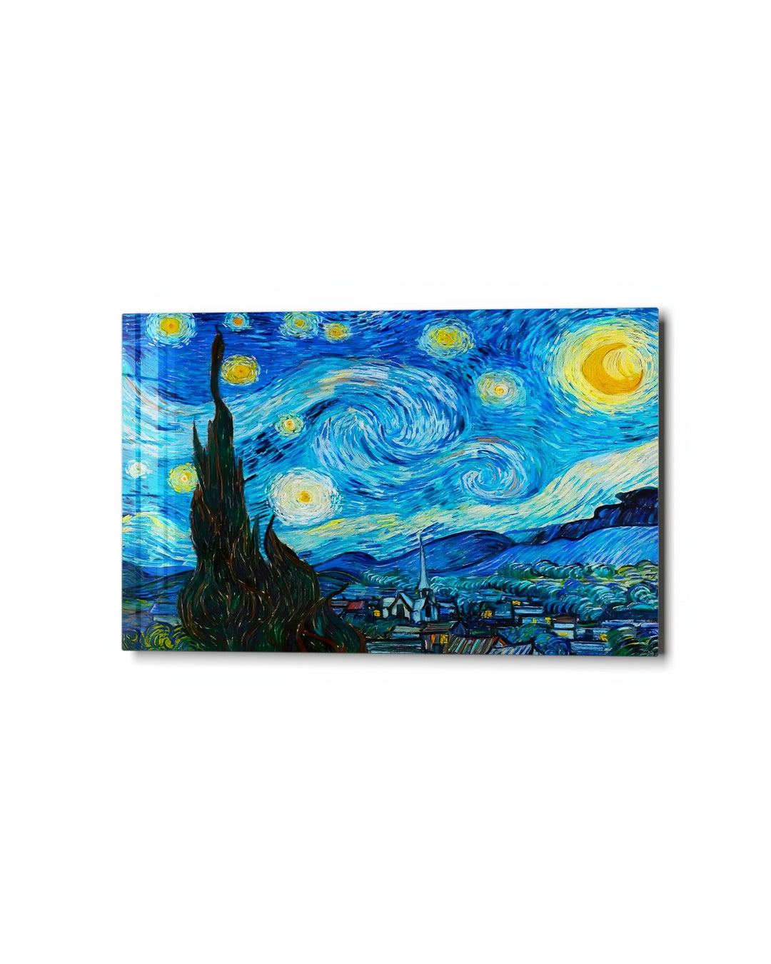 Swirling Starry Night glass wall art, studio view
