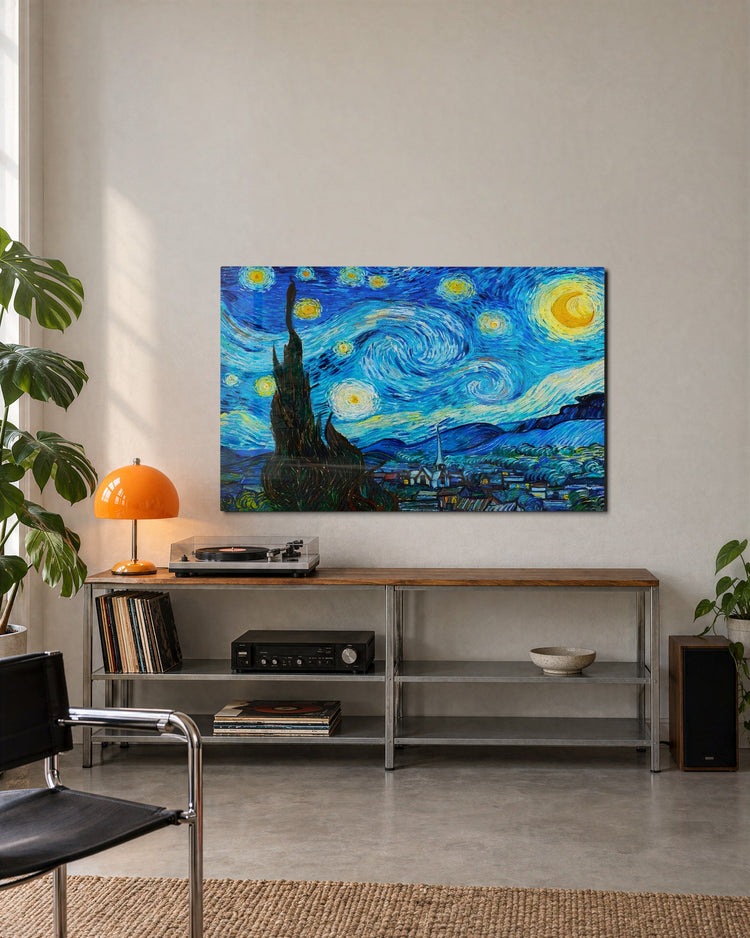 Swirling Starry Night glass wall art, lifestyle view