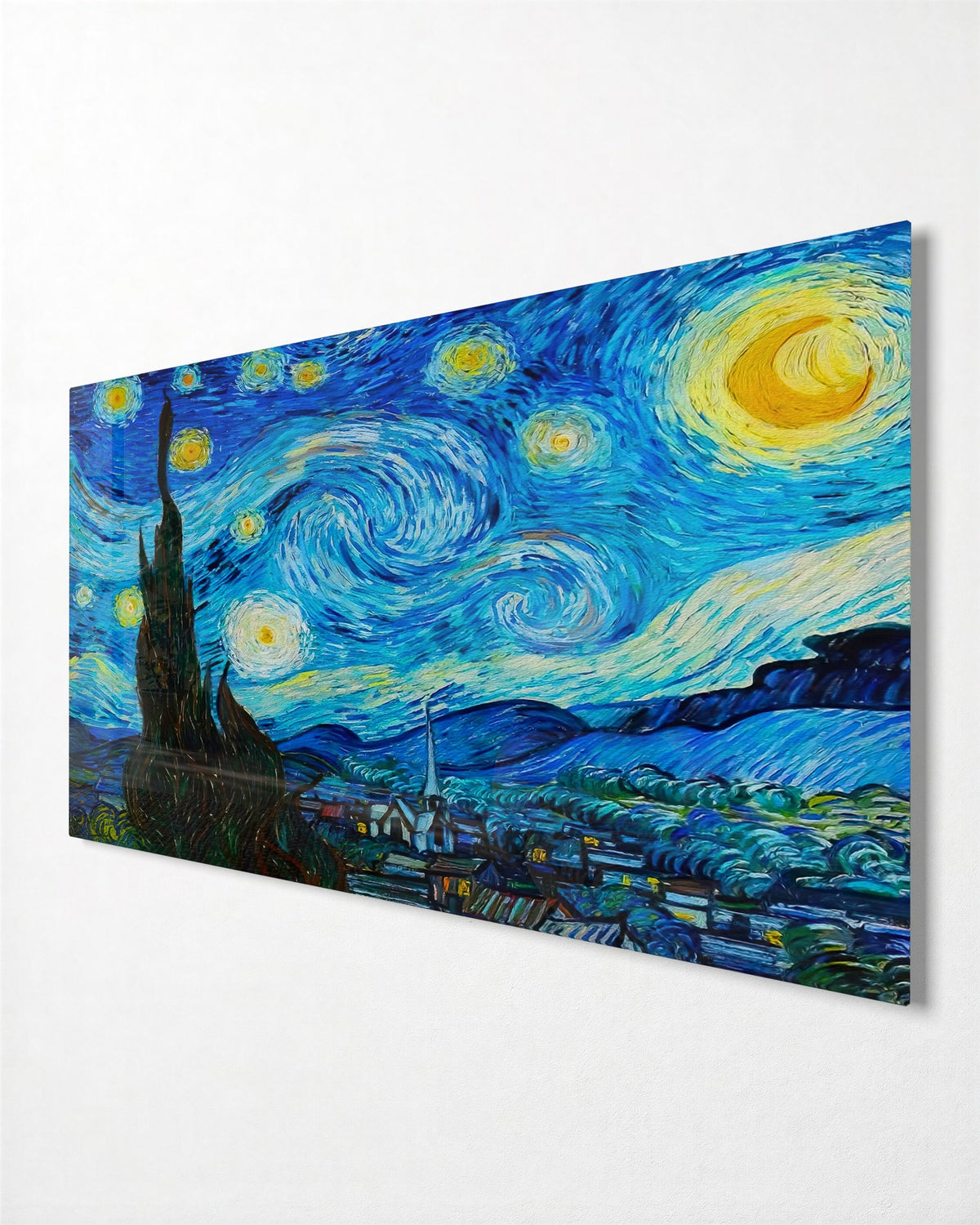 Swirling Starry Night glass wall art, side view