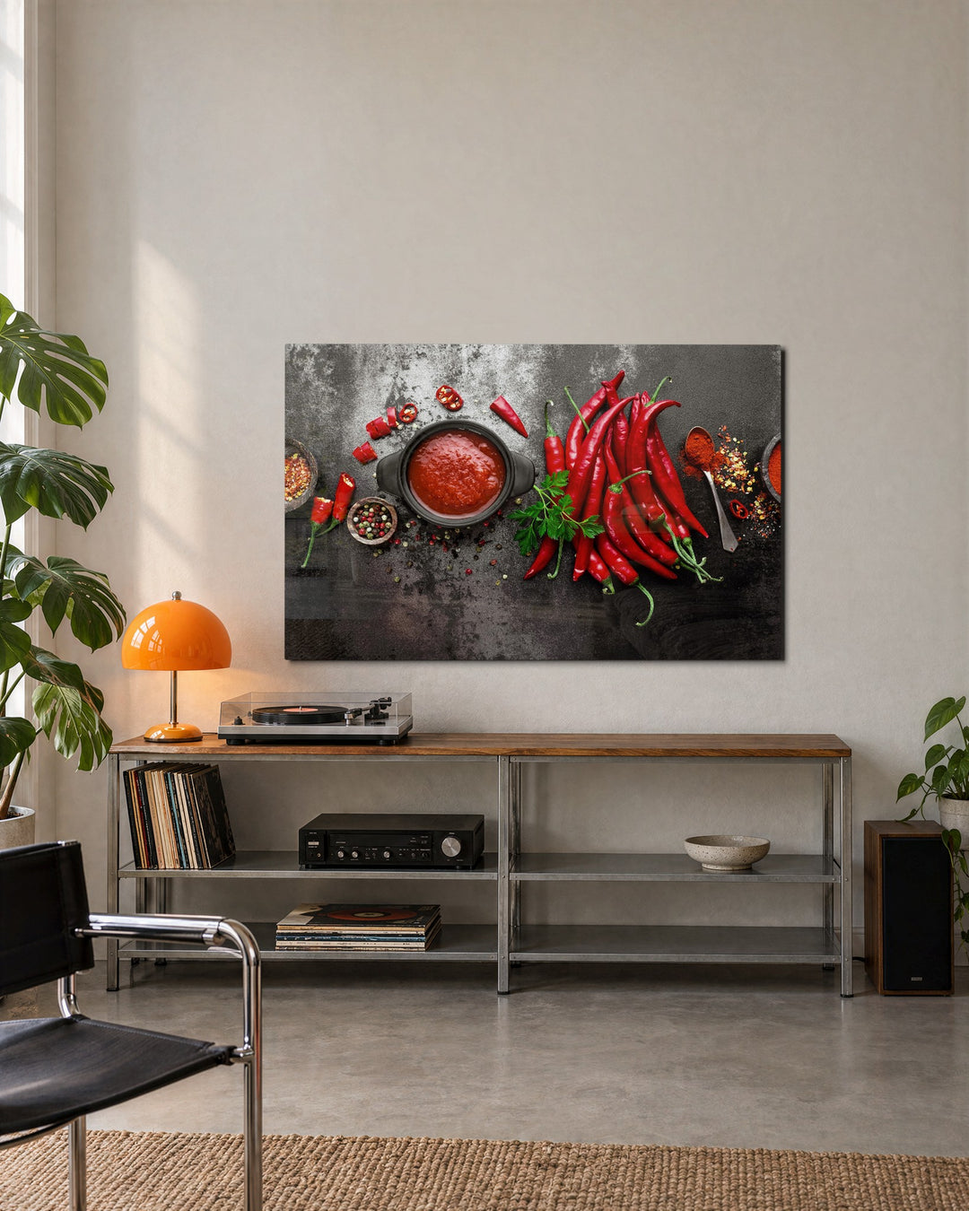 Chili Peppers and Red Sauce glass wall art, lifestyle view