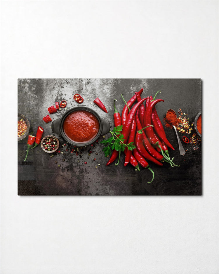 Chili Peppers and Red Sauce glass wall art, front view