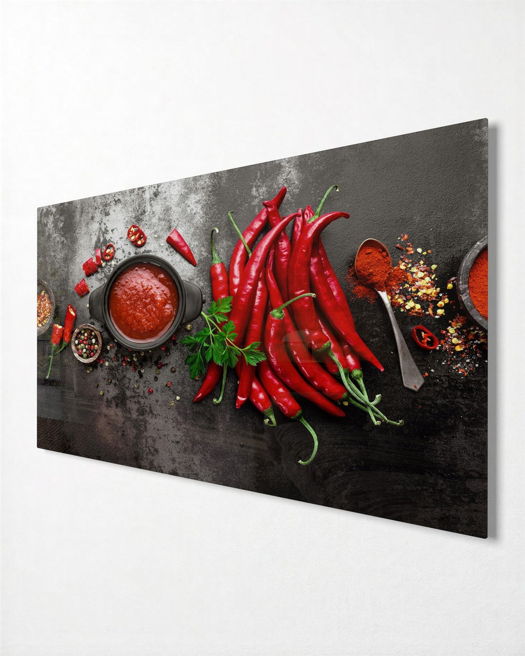 Chili Peppers and Red Sauce glass wall art, side view