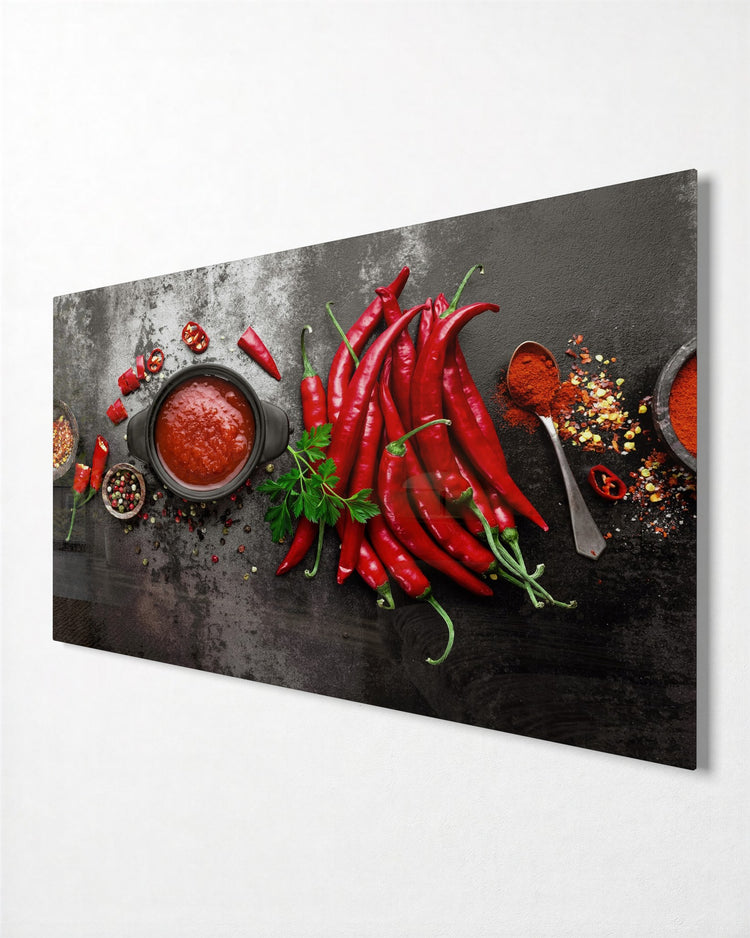 Chili Peppers and Red Sauce glass wall art, side view