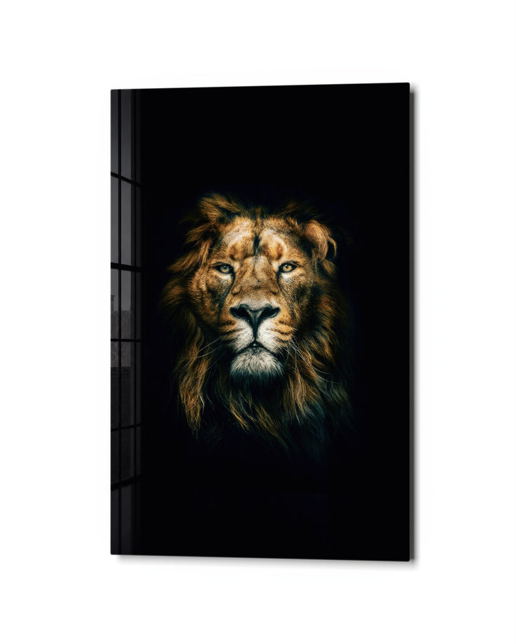 Lion in the Dark glass wall art, studio view