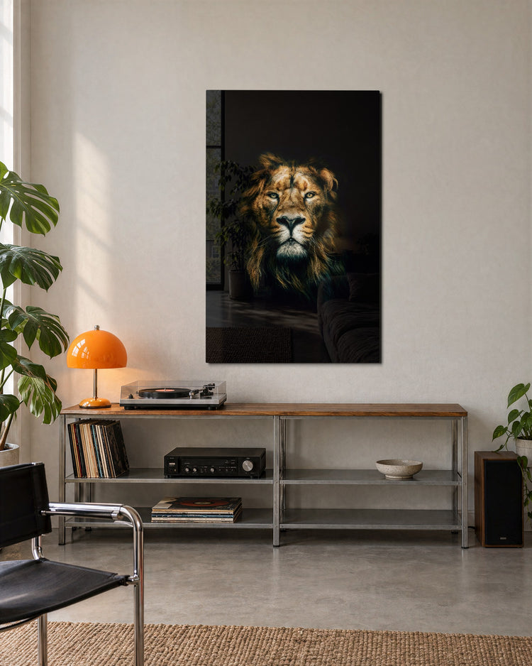 Lion in the Dark glass wall art, lifestyle view