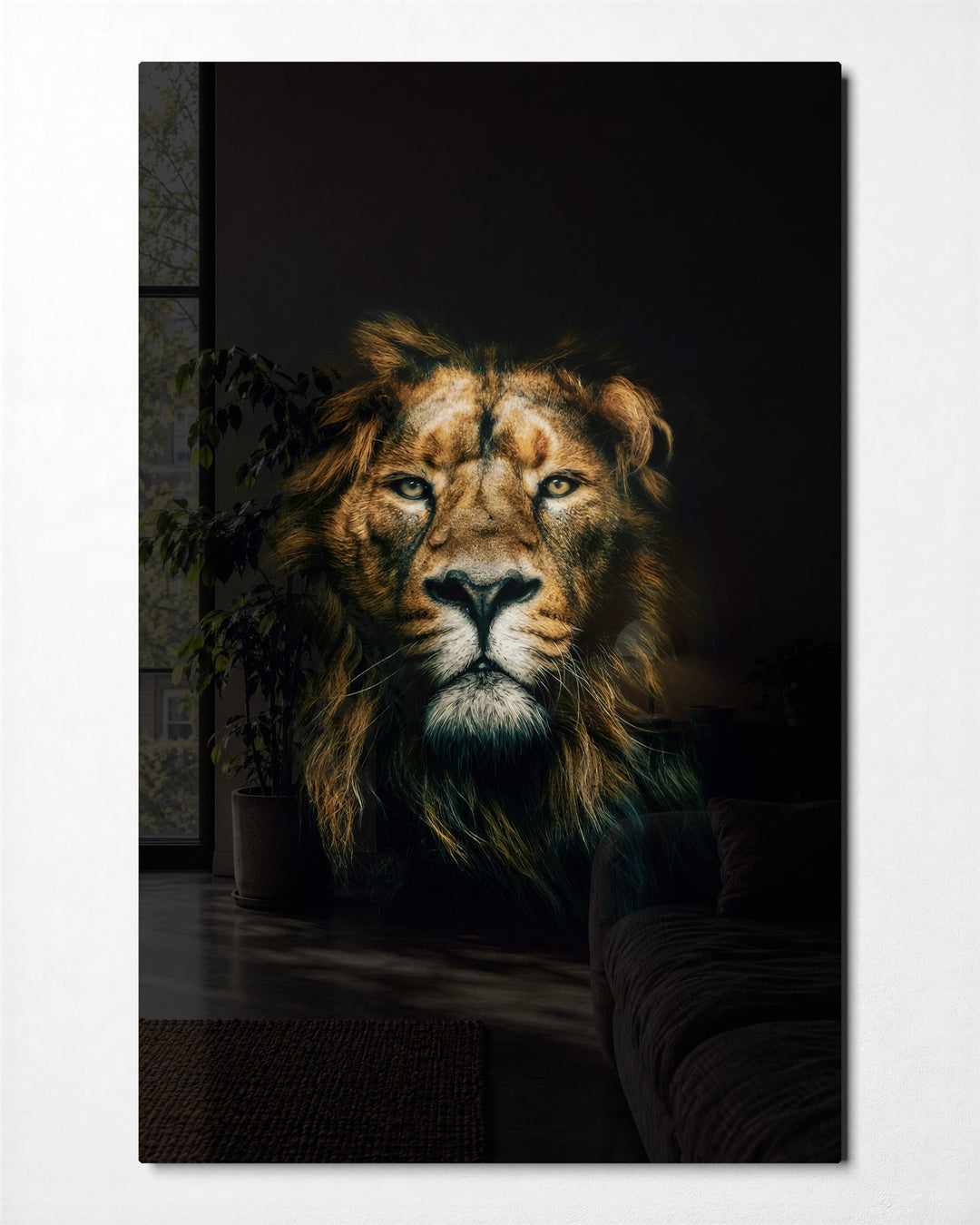 Lion in the Dark glass wall art, front view