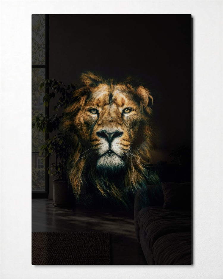 Lion in the Dark glass wall art, front view