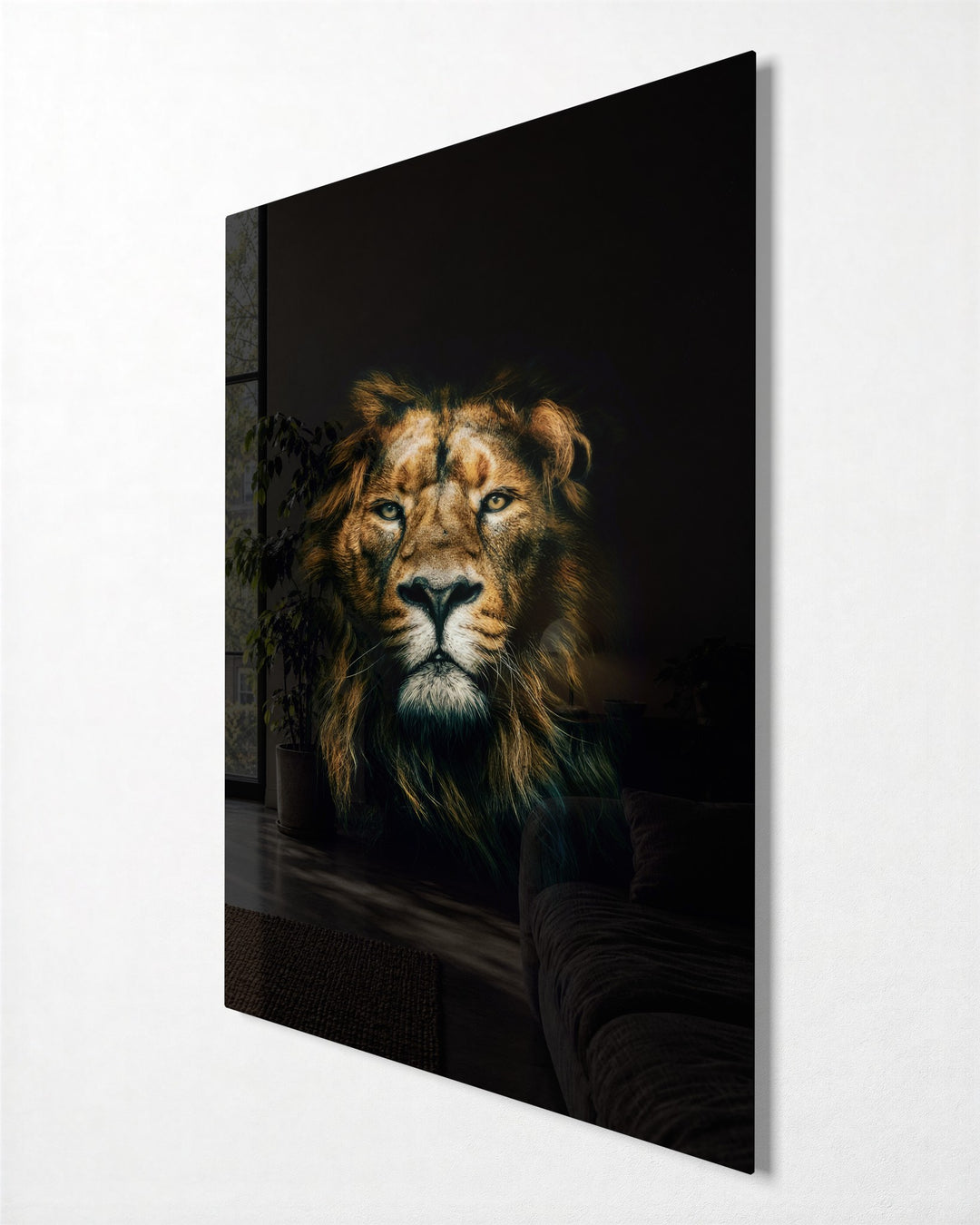 Lion in the Dark glass wall art, side view
