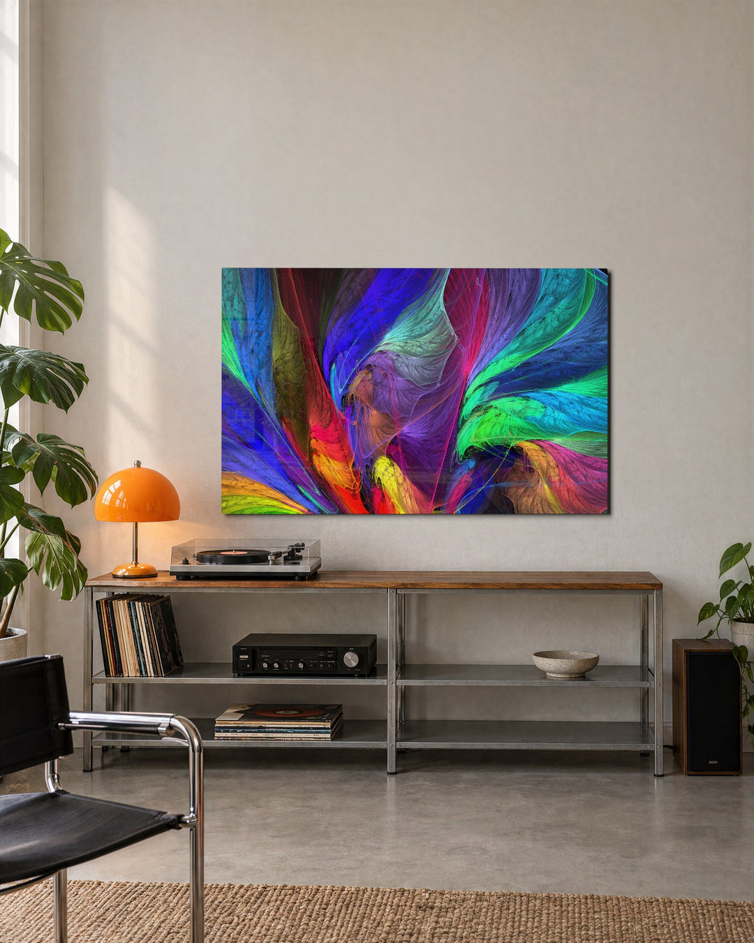 Feathers of Light glass wall art, lifestyle view
